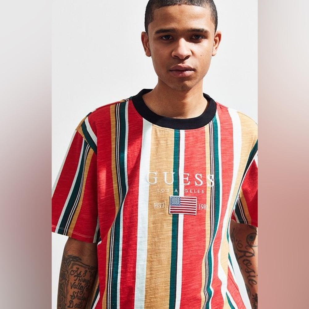 GUESS vintage XL Men's embroidered Striped Red and Green Shirt